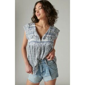Lucky Brand Printed Flutter Sleeve Top V-Neck Soft Blue Floral Babydoll Small